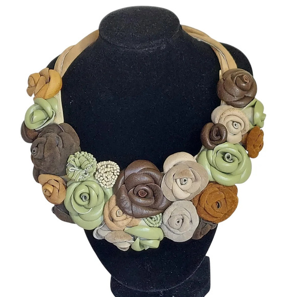 Artisan Leather Suede Floral Choker Green Brown Tan Flowers Magnetic Closure - Picture 14 of 14